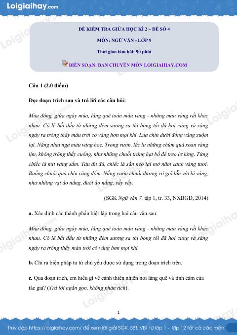 Đề thi giữa kì 2 Văn 9 - Đề số 5 - Chương trình cũ